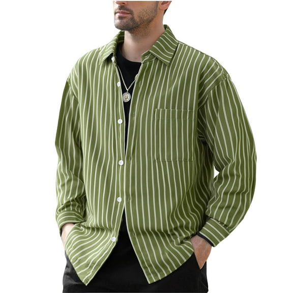 Shacket Mens Jackets Button Down Green Striped Jacket Long Sleeve Collar Casual Mens Clothing