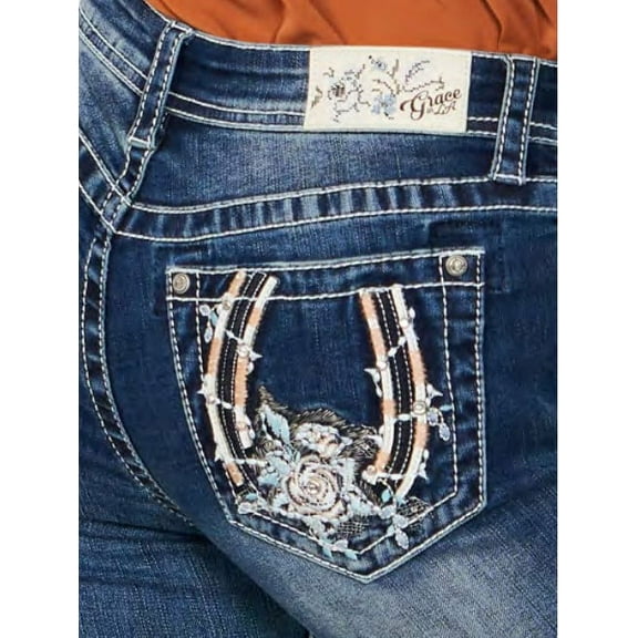 Grace in LA Women's Western Horseshoe Rose Embroidered Bootcut Stretch Jeans (25)