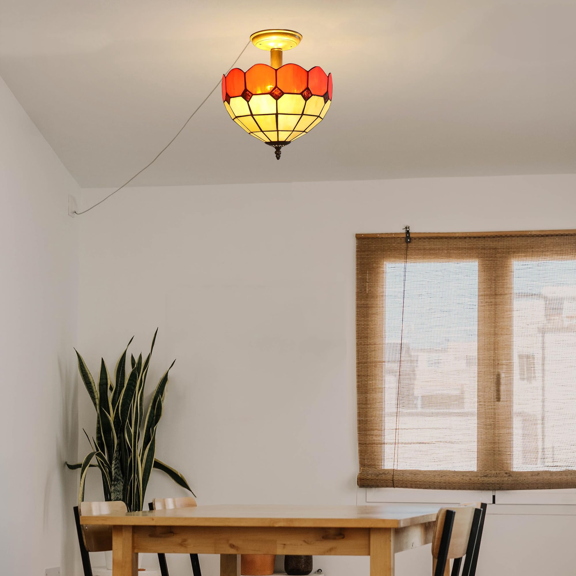 Kiven 11.8in Flush Mount Ceiling Light Fixture Dimmable, 2-Light Anti Glare Close to Ceiling Light with 15FT Plug-in Cord, Tiffany-Style Glass Chandelier for Bedroom Kitchen Hallway(No.3196)