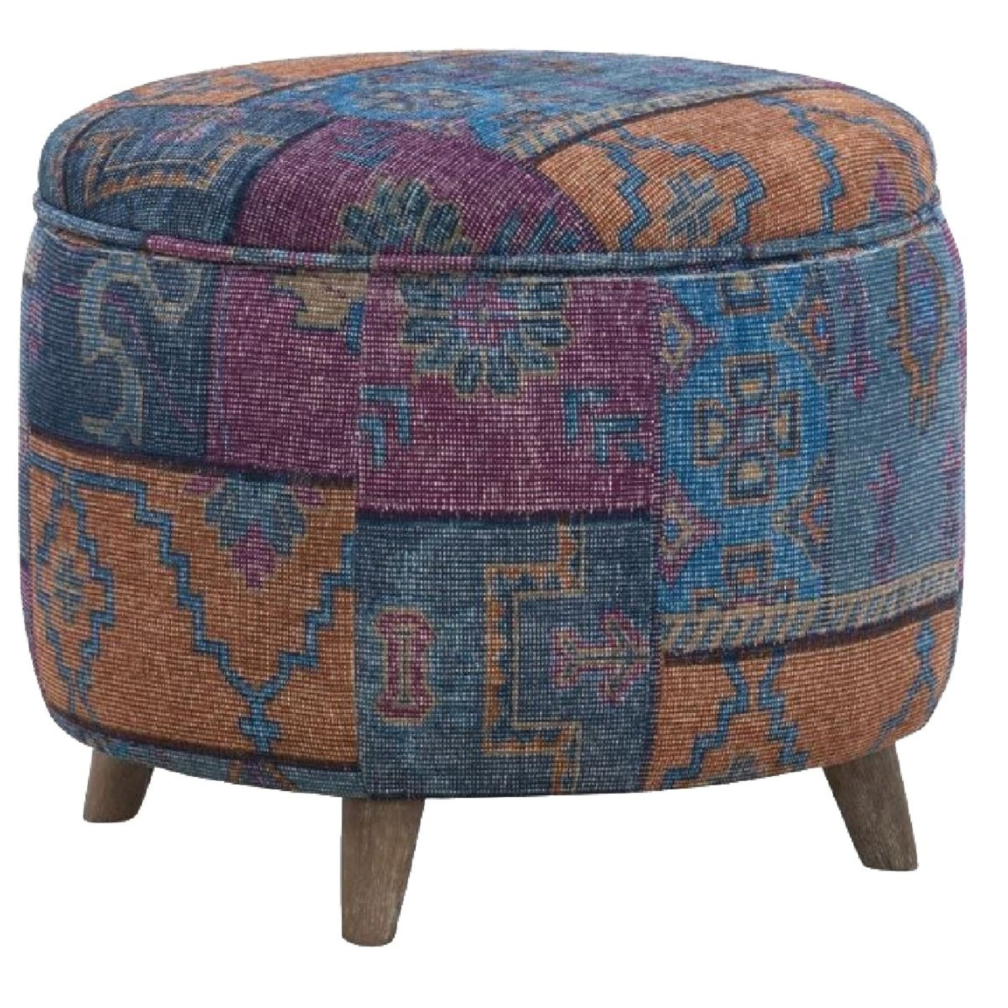 Round Fabric Upholstered Wooden Frame Storage Ottoman, Multicolor
