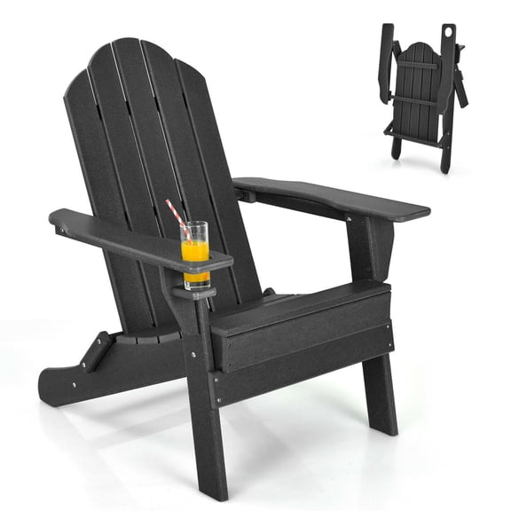 Gymax Patio Folding Adirondack Chair Weather Resistant Cup Holder Yard Black