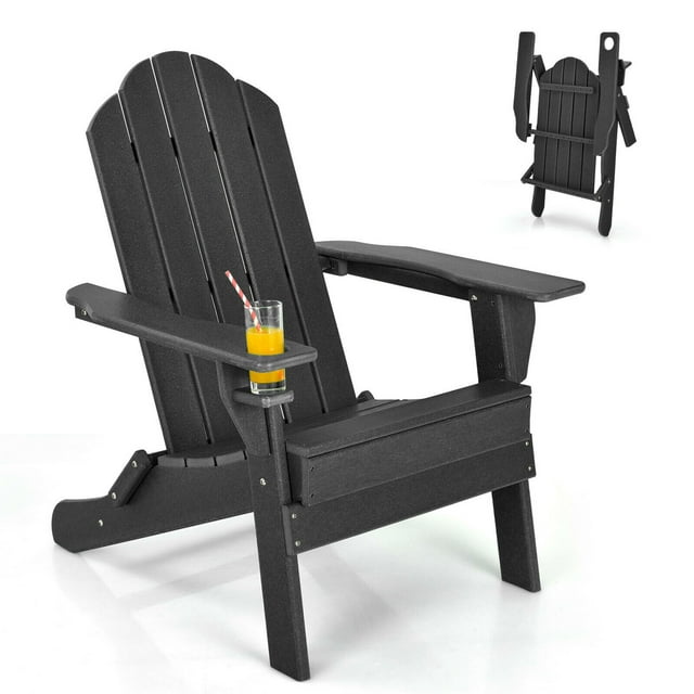 Gymax Chaise Adirondack Pliante de Patio Résistante aux Intempéries avec Porte-Gobelet Cour Noir