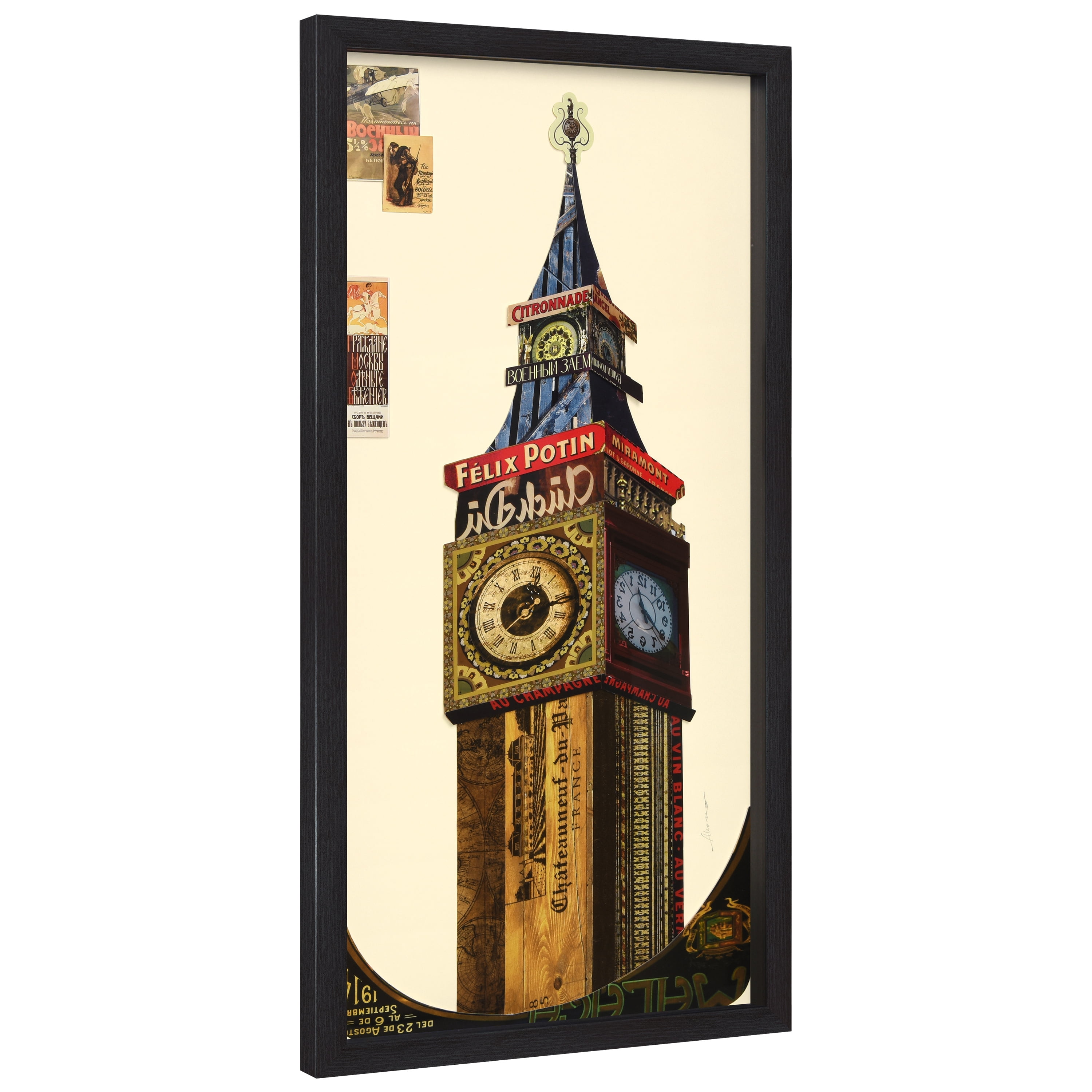 Empire Art Direct "Big Ben" Alex Zeng's dimensional collage, under glass & a black shadow box frame