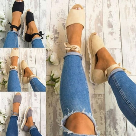 Meigar Women's Espadrille Sandals Casual Fashion Anke Strap Ribbon Peep Toe Summer Flat (Best Shoes For Broken Big Toe)