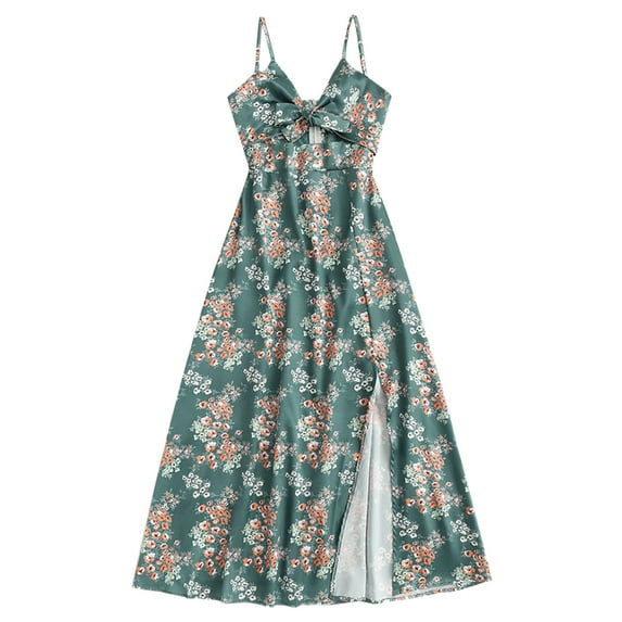 ZAFUL Cute Casual Sundress Silky Front Slit Cut Out Knotted Cami Floral Dresses Green M