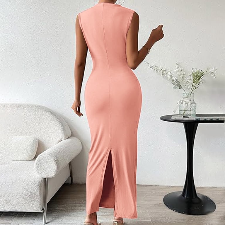 Oplxuo Ruched Mock Neck Bodycon Dress for Women Elegant Summer Sleeveless Midi Cocktail Party Pencil Dresses, Women's, Size: Medium, Black