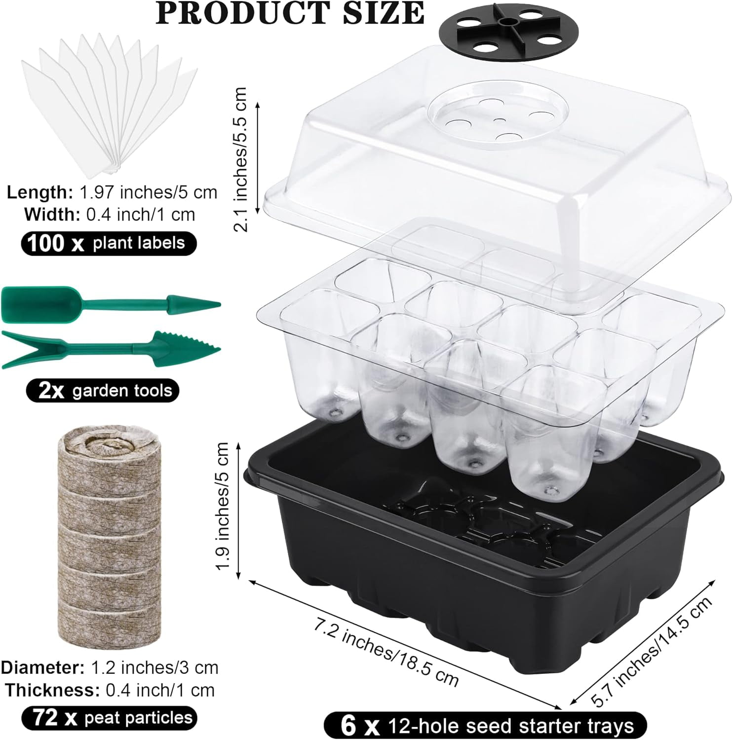 Seed Starter Tray Kit with Humidity Dome and Base, Including Peat Pellets, Plant Labels, Tool, Plastic Trays for Indoor Outdoor, Black