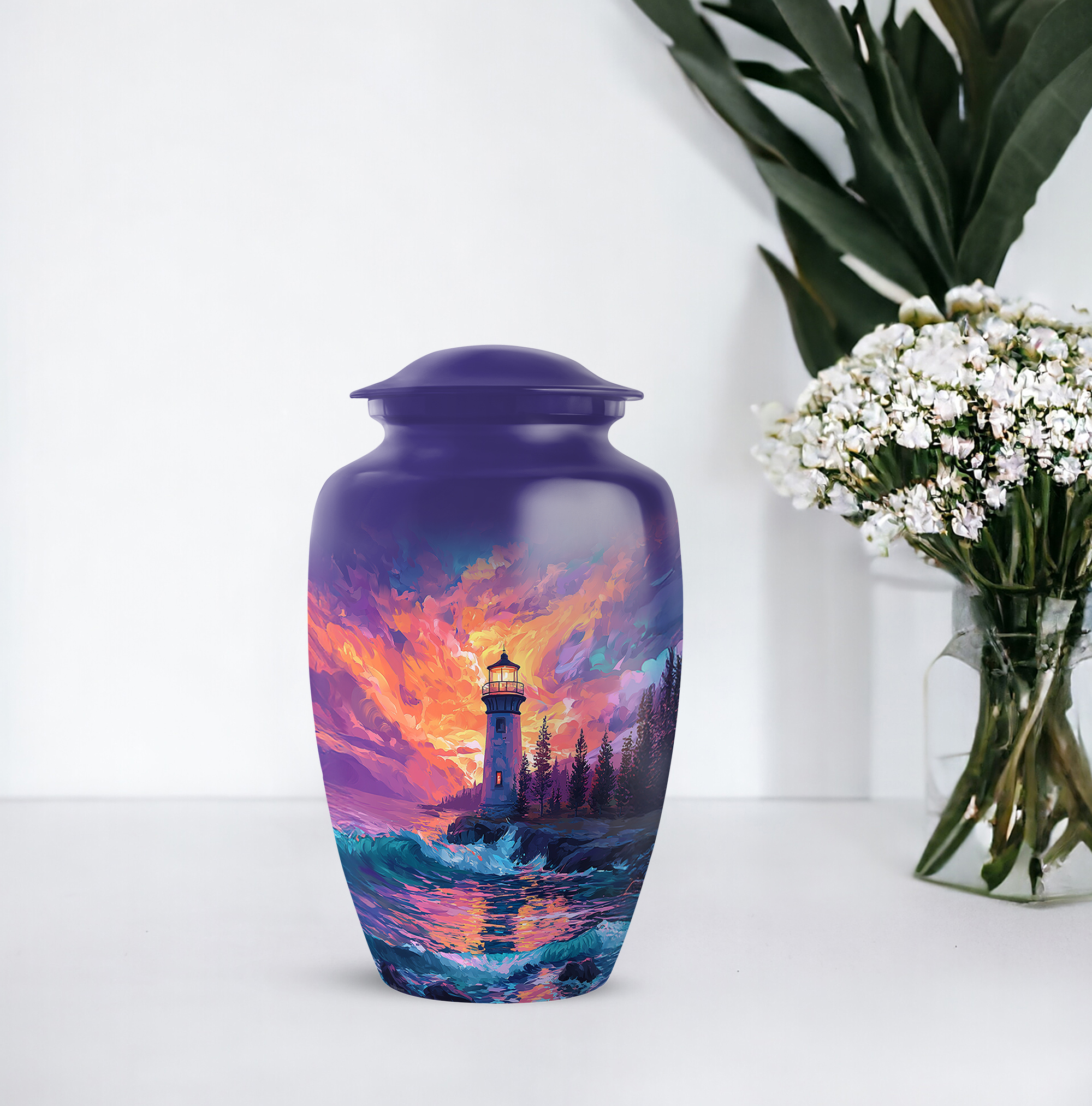 Lighthouse Urn For Human Ashes Brother, Purple Cremation Urns For Adult Ashes Women, Blue Urns For Cremated Remains, Orange Large Urn Adults For Male And Female Size, 10 Inch
