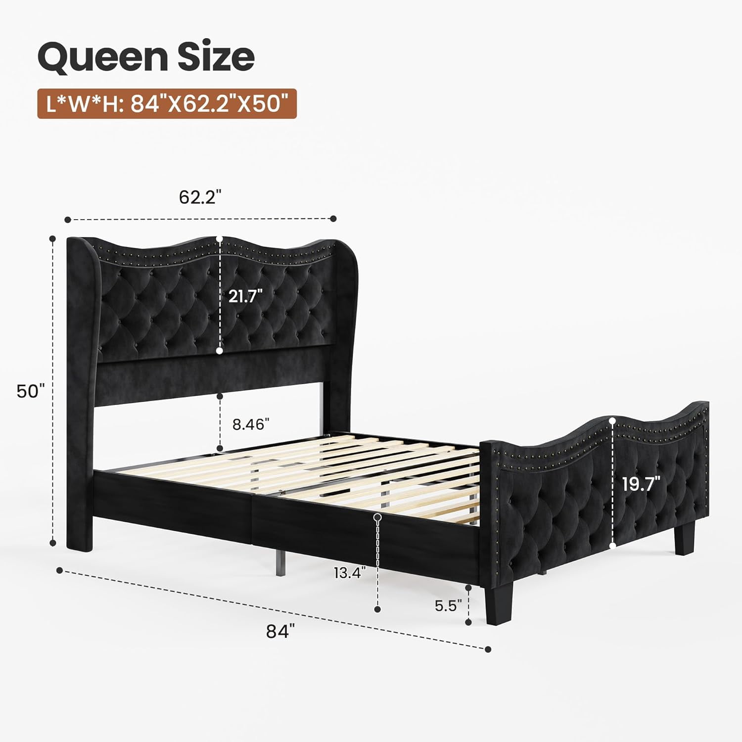 Queen Size Bed Frame with Headboard and Footboard, Upholstered Platform Bed, with 50 Inch Tall Wingback Tufted Headboard, Jet Black Velvet Button Tufted, Sturdy/No Box Spring Needed/Noise Free