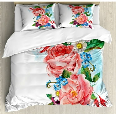Flower Decor King Size Duvet Cover Set, Leaves with Branch Roses Daisies and Lilacs Plants Nature Theme Art Print, Decorative 3 Piece Bedding Set with 2 Pillow Shams, Multicolor, by Ambesonne