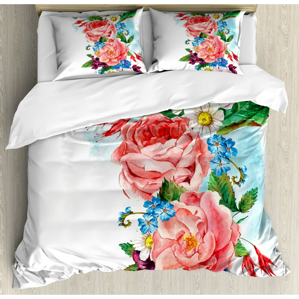 Flower Decor Queen Size Duvet Cover Set, Leaves with Branch Roses ...