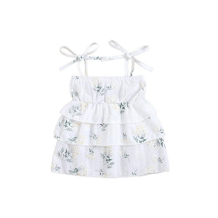 

Canrulo 4 Colors Summer Baby Girls Cute Dress Flowers Printed Off Shoulder Sleeveless A-Line Mini Dress White 18-24 Months