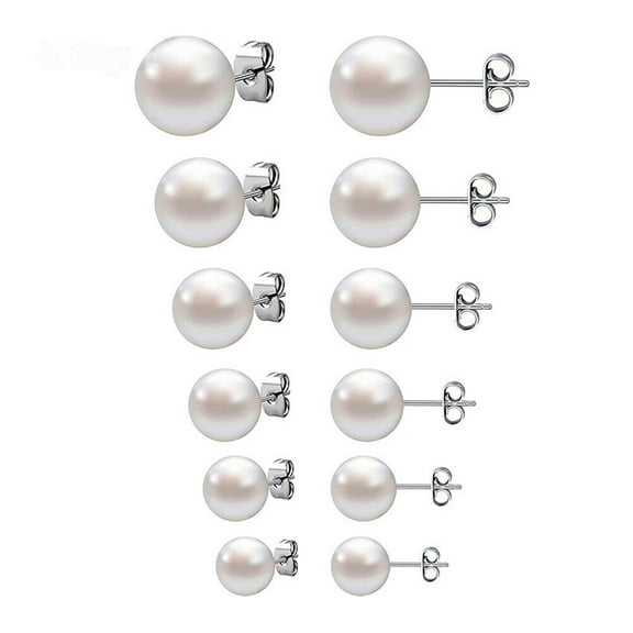 US 6-12 Pairs Faux Pearl Stud Earrings Set Silver Stainless Steel Hypoallergenic