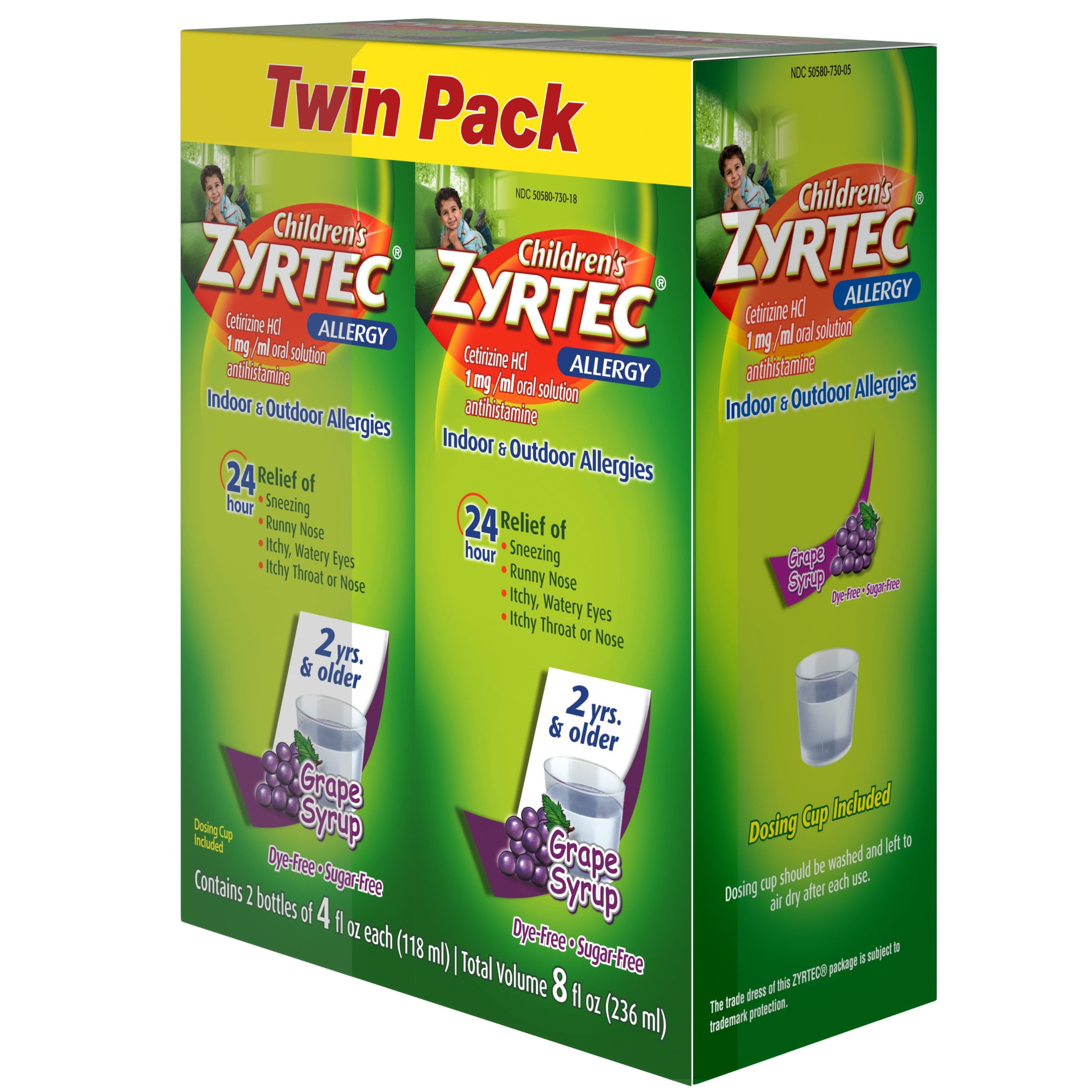 Zyrtec 24 Hr Children's Allergy Syrup, Grape, Twin Pack of 4 fl. oz