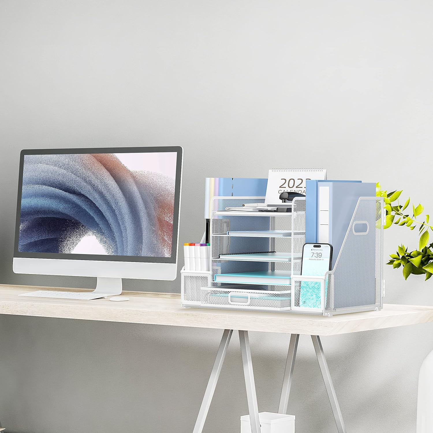 INTIGE 5-Tier Metal Mesh Desk Organizer with File Holder, Pen Holder and Drawer, White