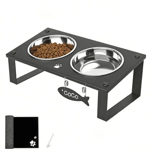 Elevated Cat Bowls with Food Mat, Splash Proof Anti Vomiting Raised Cat Food and Water Bowl Set, 2 Stainless Steel Dishes for Cats and Puppy