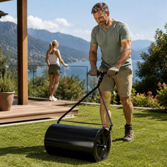 Lawn Roller, Push Pull Combination, 24 In. Poly Drum, 16 Gallon Capacity, Easy-Turn Plug