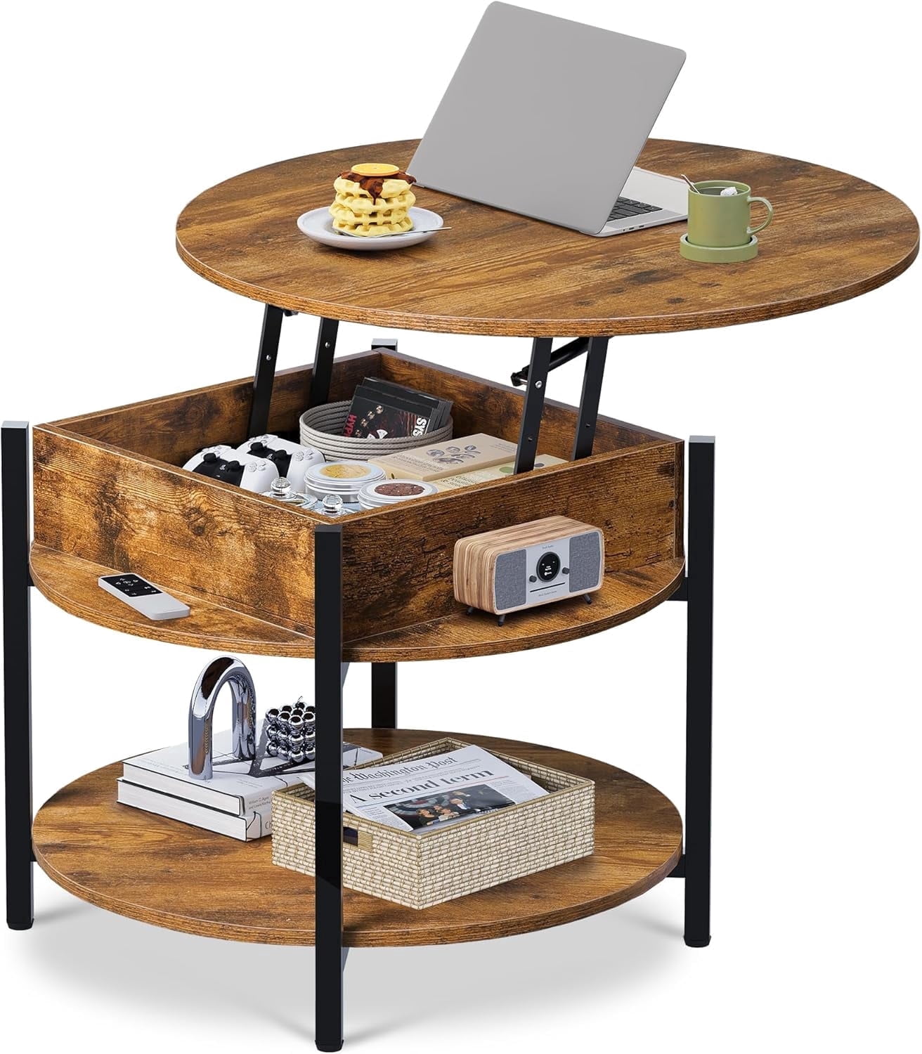 GALAXHERO Round Lift Top Coffee Table with Hidden Compartment and Storage Shelf, Farmhouse Small Coffee Table with 2 Tier for Living Room Rustic Brown