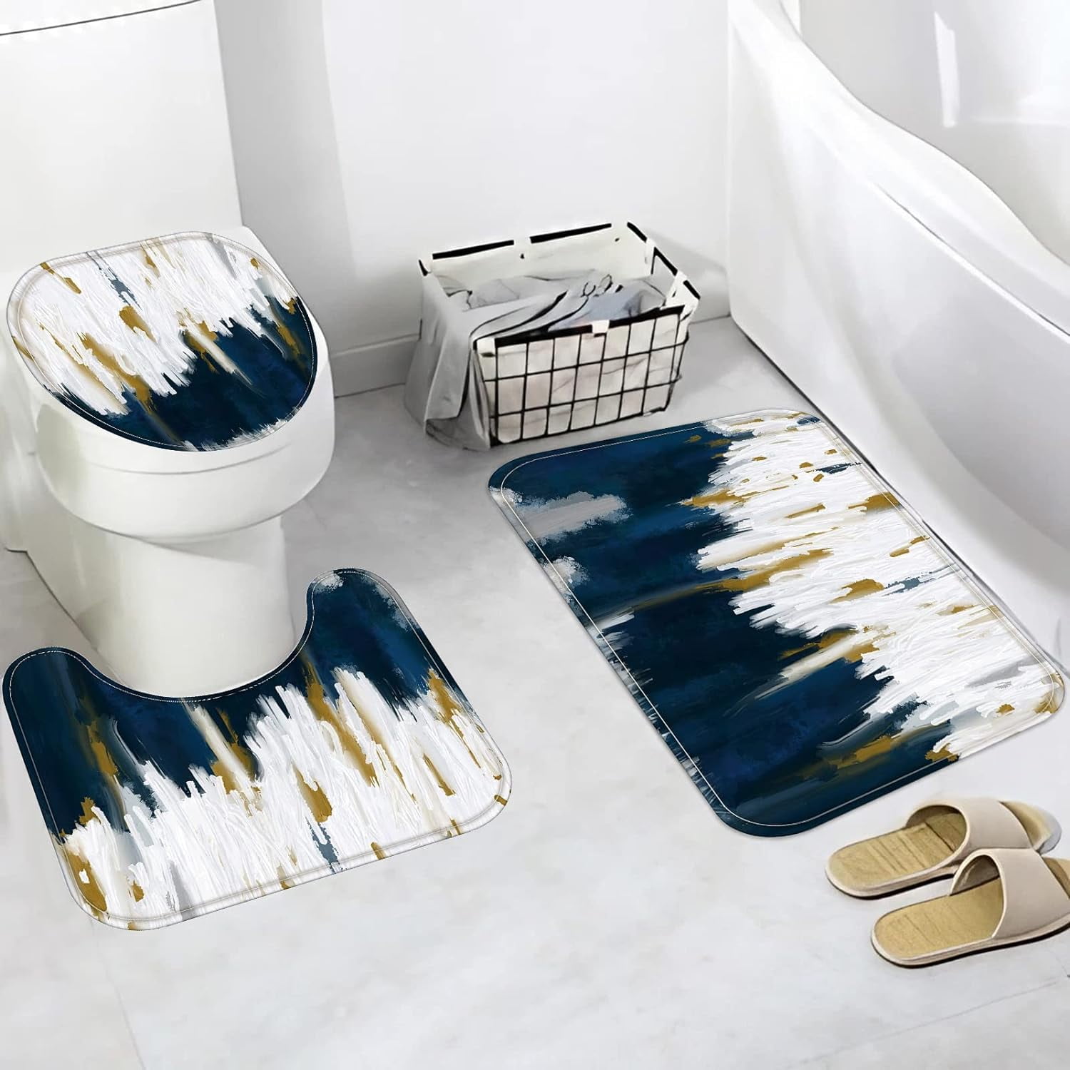 Zrodlmo Abstract Blue Ombre Fabric Shower Curtain and Rug Sets, 16pc Modern Bathroom Curtain Sets, 72" x 72", Blue