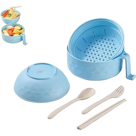 Microwave Ramen Bowl with Strainer and Lid - All-in-One Noodle Cooking Set Includes Spoon, Chopsticks & Fork, Easy Microwave Meal Prep for Dorm, Office, Apartment (1Set,Blue,B)