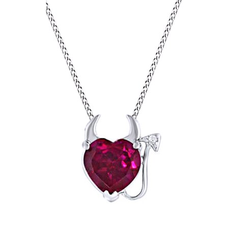 Devils Jewelry - Simulated Ruby CZ Devil Heart Pendant Necklace In 14k White Gold Over Sterling Silver (3.2 Cttw)