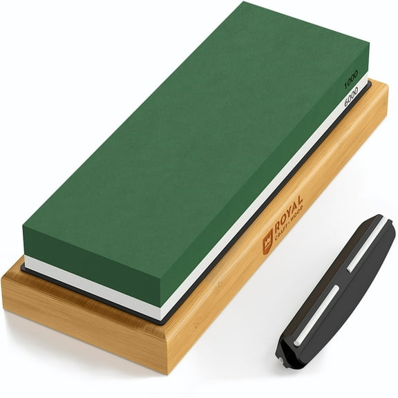 Royal Craft Wood Premium Whetstone Sharpening Kit, 2 Side Grit 1000/6000 Waterstone - Professional Grade Whetstone Set with Knife Sharpening Angle Guide and Non-Slip Bamboo Base (White/Green)