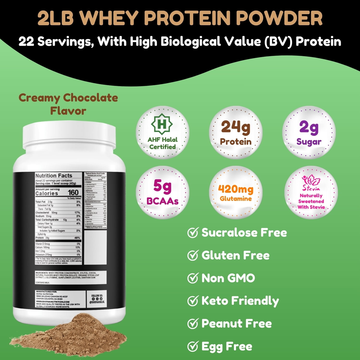 Shifaa Nutrition Delicious Creamy Chocolate Halal Whey Protein Powder – 24g Protein, BCAAs & Glutamine – Gluten-Free, Non-GMO, Keto