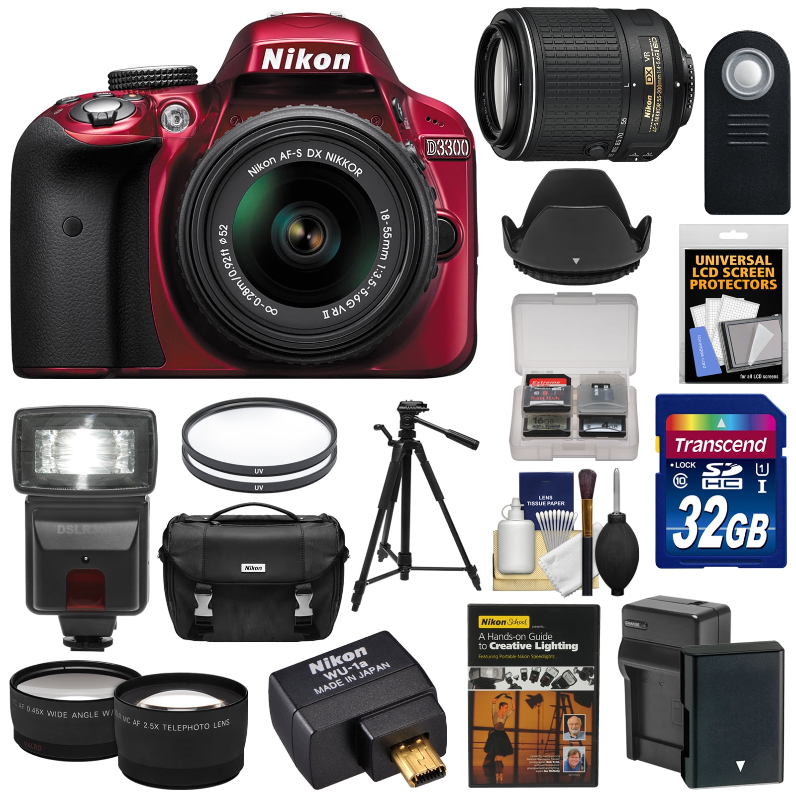 Verwant Kustlijn hek Nikon D3300 Digital SLR Camera & 18-55mm (Red) & 55-200mm VR II Lens +  WU-1a Wi-Fi Adapter + 32GB + Case + Battery + Tripod + Flash + 2 Lens Kit -  Walmart.com