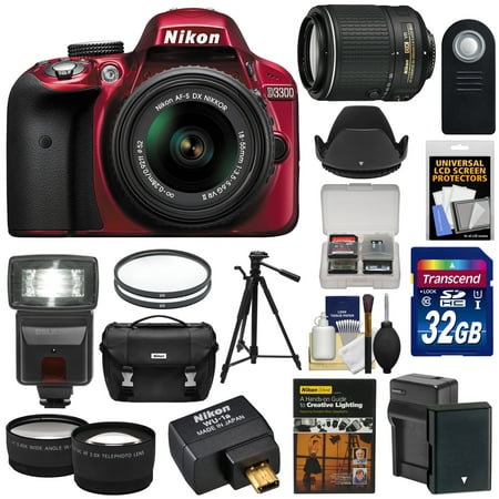 Nikon D3300 Digital SLR Camera & 18-55mm (Red) & 55-200mm VR II Lens + WU-1a Wi-Fi Adapter + 32GB + Case + Battery + Tripod + Flash + 2 Lens Kit