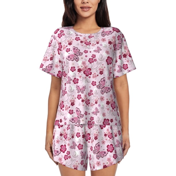 Fotbe Flower Butterfly Conjunto de Pijama Estampado para Mujer, 2 Piezas, Ropa de Dormir con Camiseta de Manga Corta y Shorts Suaves-Medium