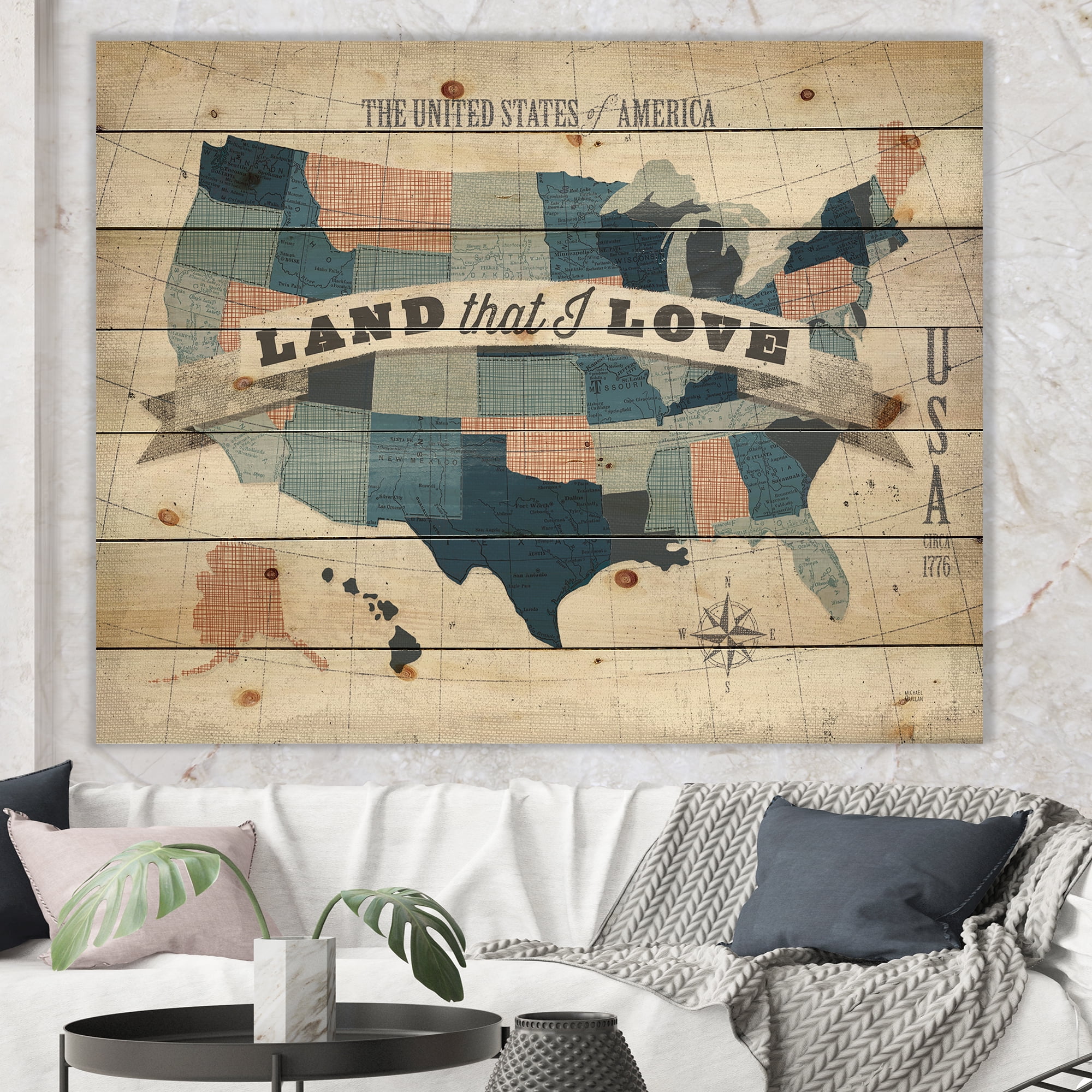 Designart 'American Map Watercolor' Map Print on Natural Pine Wood