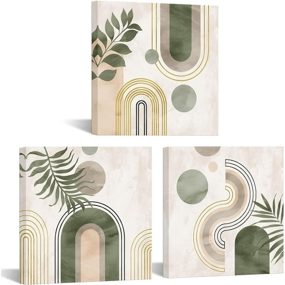 Boho Wall Art Decor Minimalist Wall Art Pictures Canvas Prints Mid Century Modern Home Decor, Framed Ready to Hang, Set of 3 Piece 12inx12in (Green)