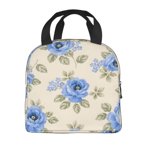 Blue Rose Floral Lunch Bag Thick Aluminum Foil Cooler Tote for Women Work Picnic Gift