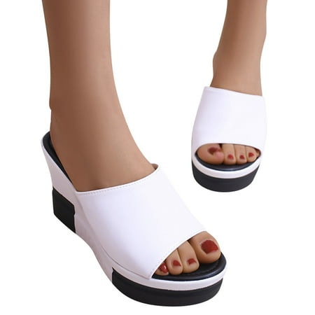 

Cathalem Cowhide Woven Sole Platform Wedge Resort Sandals Thick Soled Wedges Casual Shoes Toe Sandals for Women Flat White 8