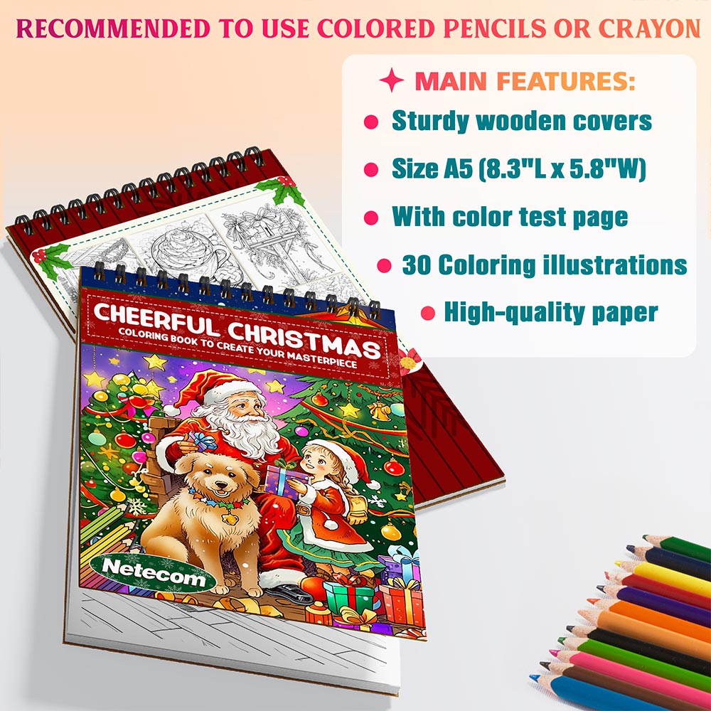 Netecom Cheerful Christmas Coloring Book Spiral Bound for Adults, A5 Wooden Cover, 30 Cute and Cozy Coloring Pages for Holiday Scenes, Stress Relief and Relaxation