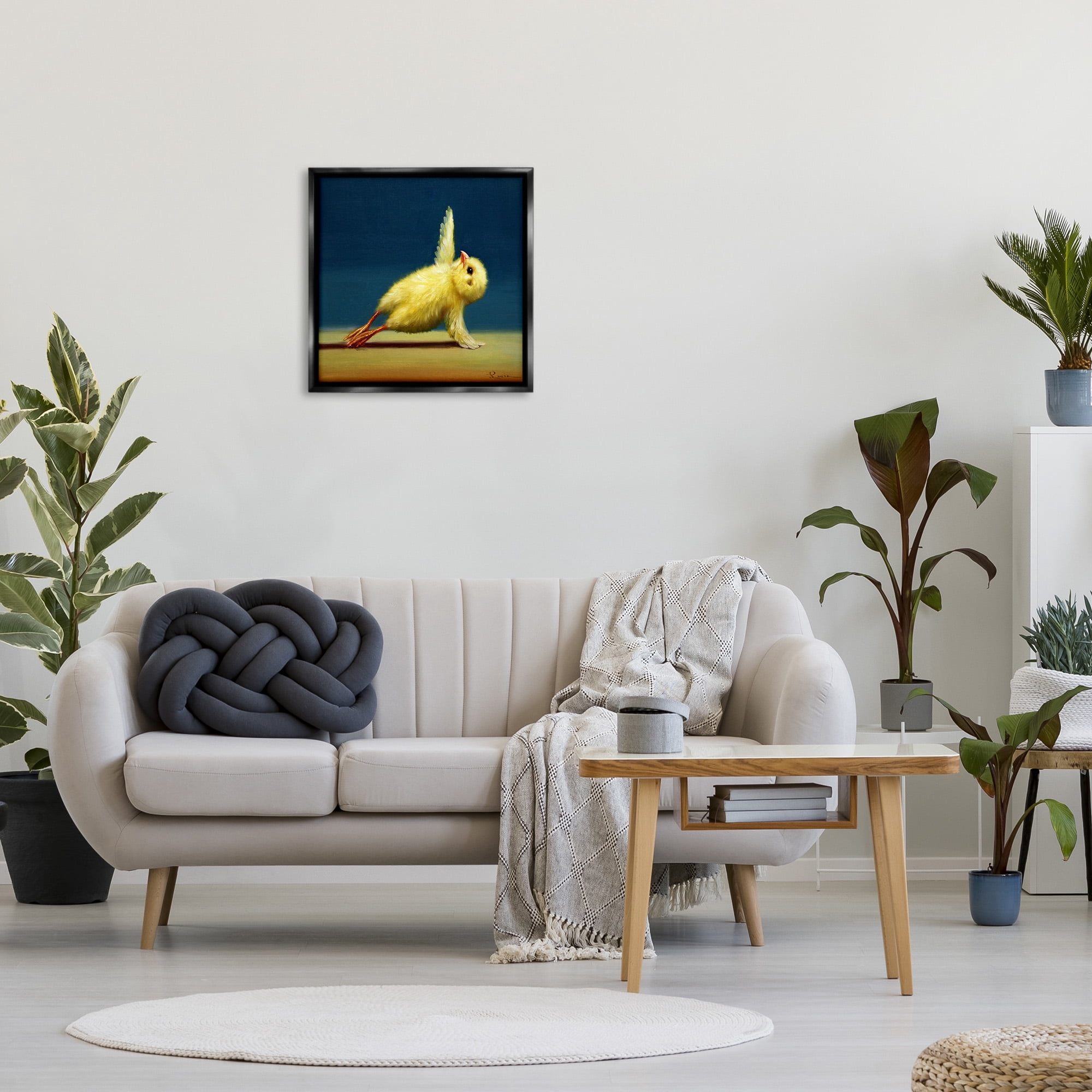 Stupell Industries Yellow Chick Stretching Yoga Animals & Insects Painting Black Floater Framed Canvas Art Print Wall Art, 25 x 25