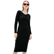 DASTI Female Bodycon Knit Dress Women's Longsleeve Midi Ribbed Vest Sweater, Black Long Sleeve