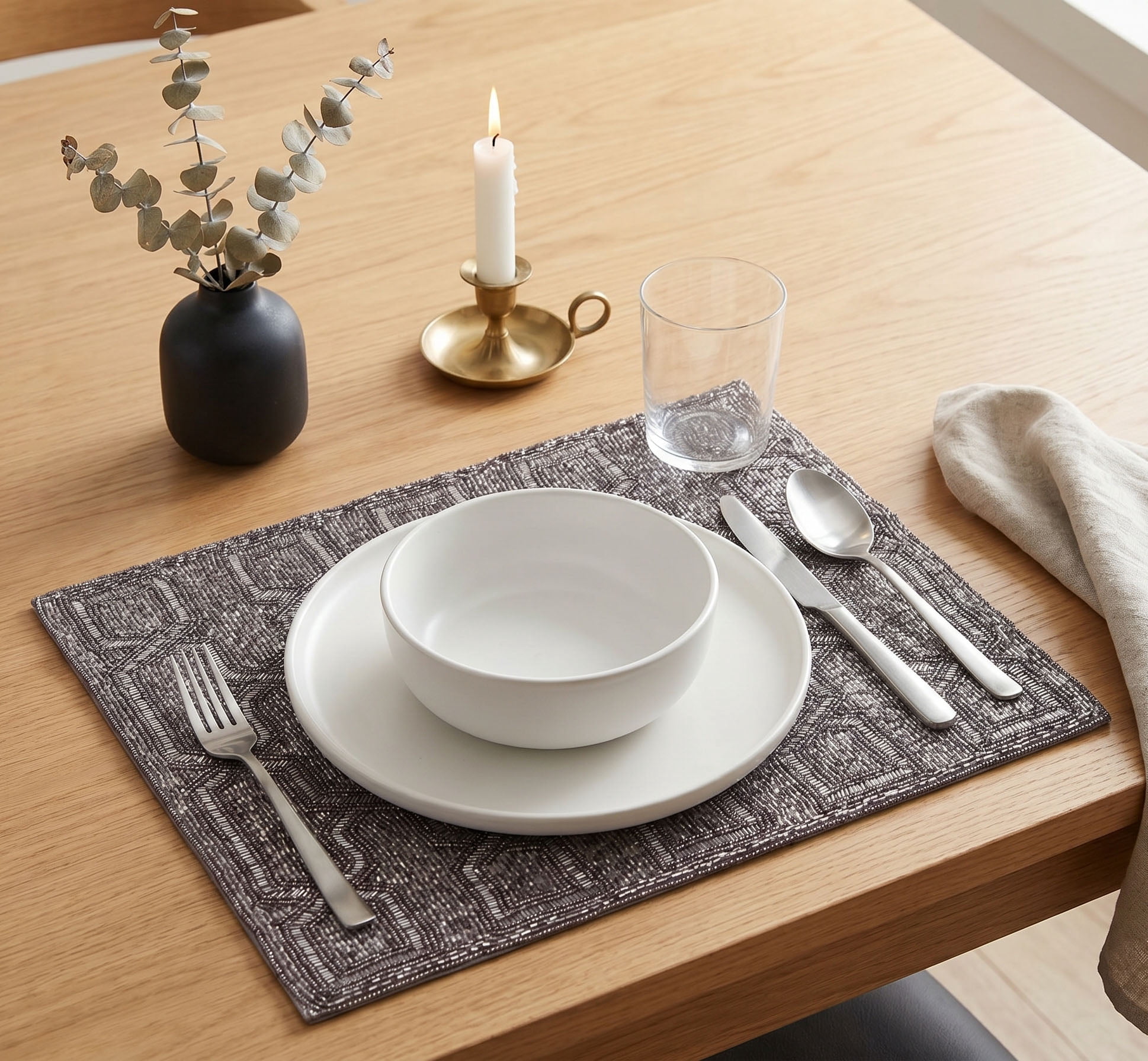 Gray Beaded Placemats Set of 2 for Dining Coffee Table Scratch Heat Stain Resistant Charger Kitchen Decor Durable Tablemats - Fall Autumn Thanksgiving Holiday - 15 Inches
