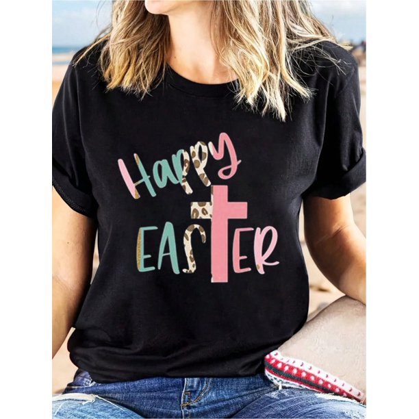 Camiseta estampada 100 % algodón para mujer, de manga corta y cuello redondo, para uso diario informal, 1 pieza, camiseta de ocio.