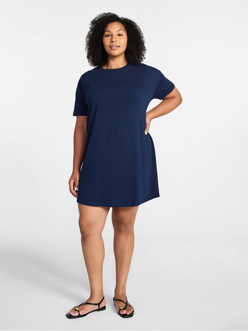 Time and Tru Women's Cotton T-Shirt Dress with Short Sleeves, Sizes Xs-xxxl, Blue