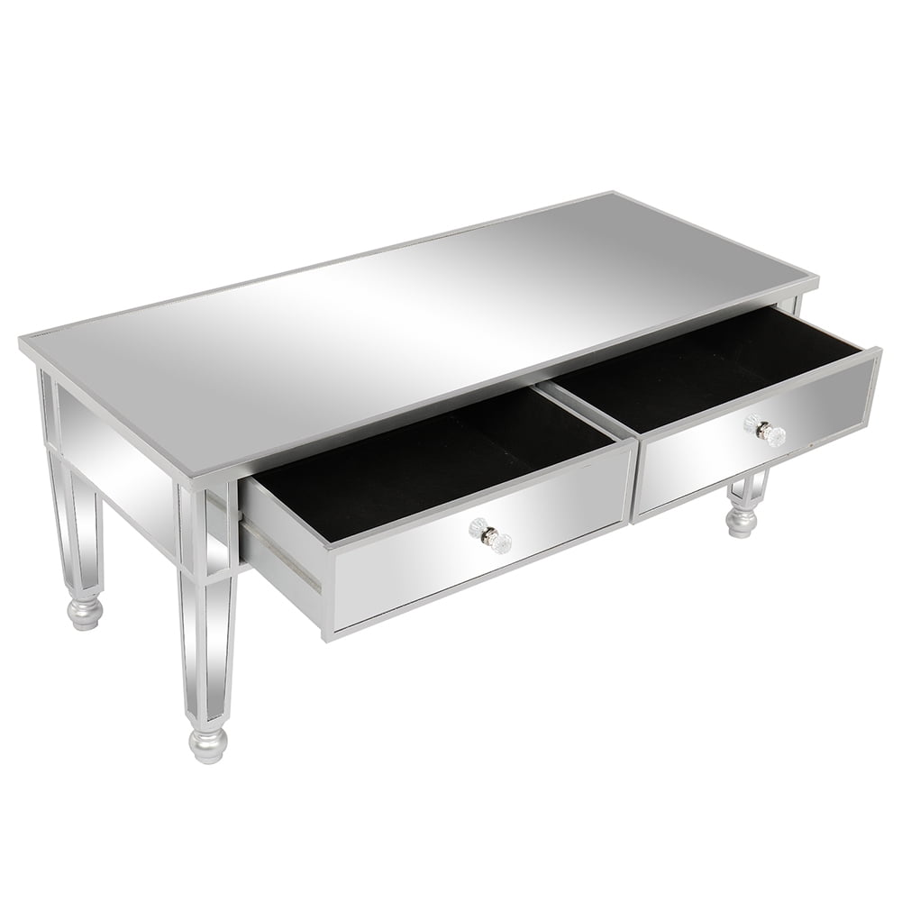 Kepooman Mirror Coffee Table with Two Drawers for Living Room, Silvery Mirror Glass Kepooman Mirror Coffee Table with Two Drawers for Living Room, Silvery Mirror Glass