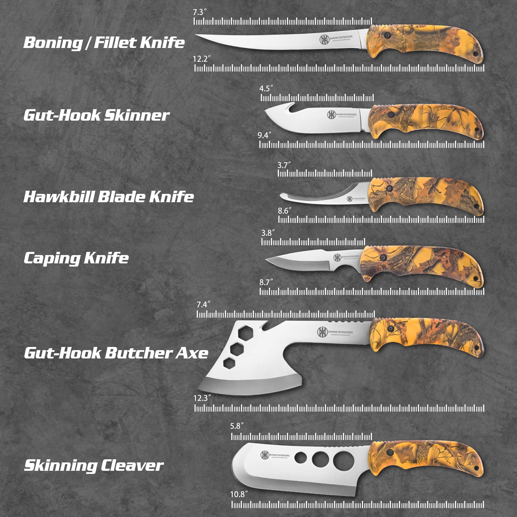 KNINE OUTDOORS 2022 Hunting Deer Knife Set Yellow Handle Field Dressing Kit Portable Butcher Game Processor Set, 12 Pieces