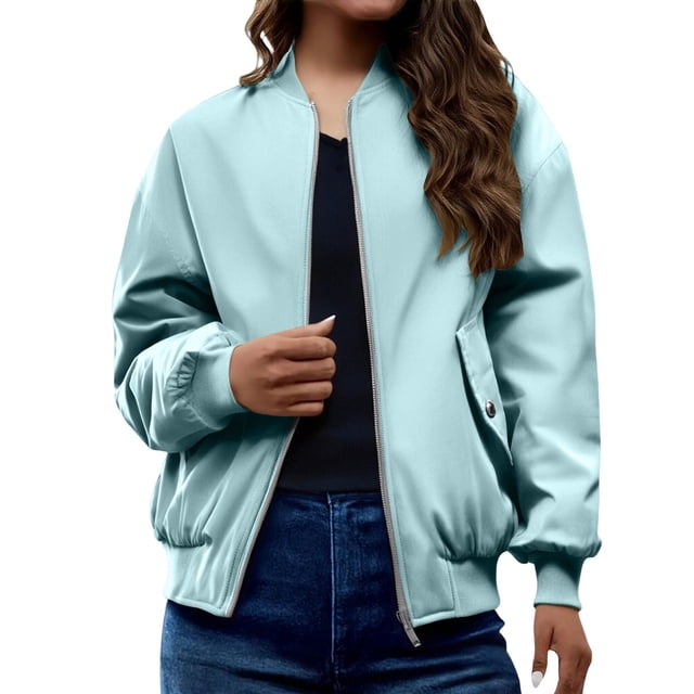 Comdrip Vestes pour Femmes! Veste Plissée à Col Montant avec Poches et Fermeture Éclair, Veste d'Automne pour Femmes Bleu Clair TP