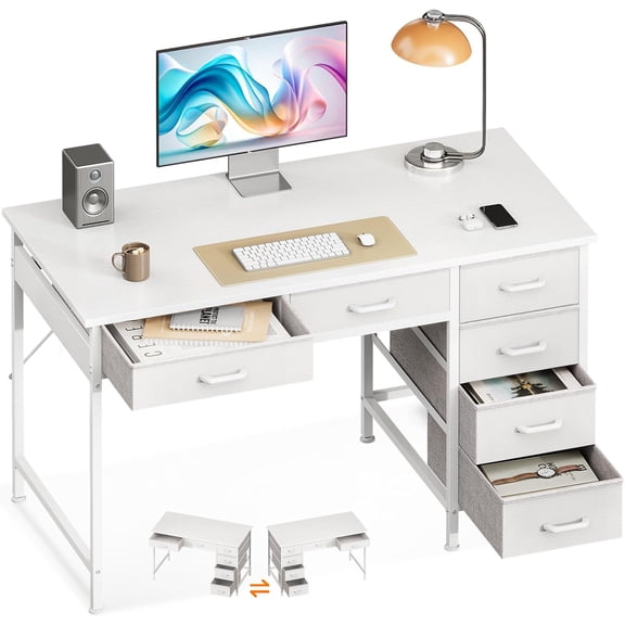 40-Inch Compact Computer Desk with 6 Drawers and Flip-Top Storage – Suitable for Home Office, Bedroom, Work, and Study – White