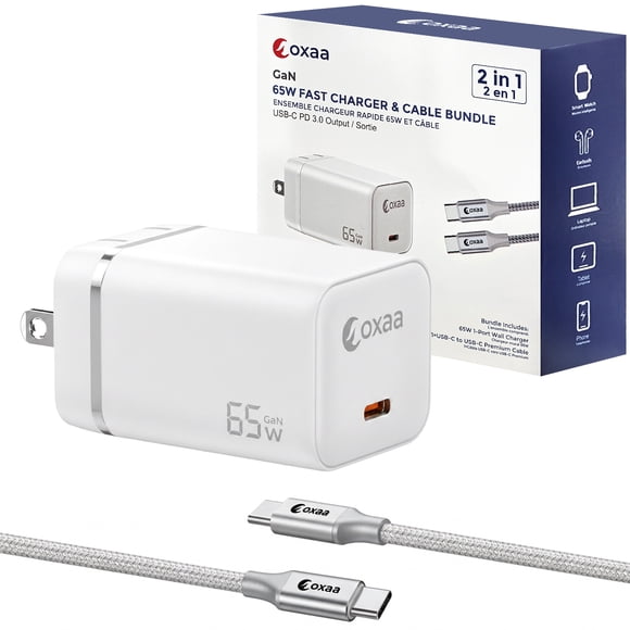 OXAA 65W USB C GaN Fast Charging Bundle-Includes Premium USB-C Cable, Compact Type-C Adapter, Compatible with iOS & Android Devices, Laptops & Tablets
