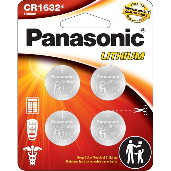 Panasonic CR1632 3.0 Volt Long Lasting Lithium Coin Cell Batteries in Child Resistant, Standards Based Packaging, 4 Pack