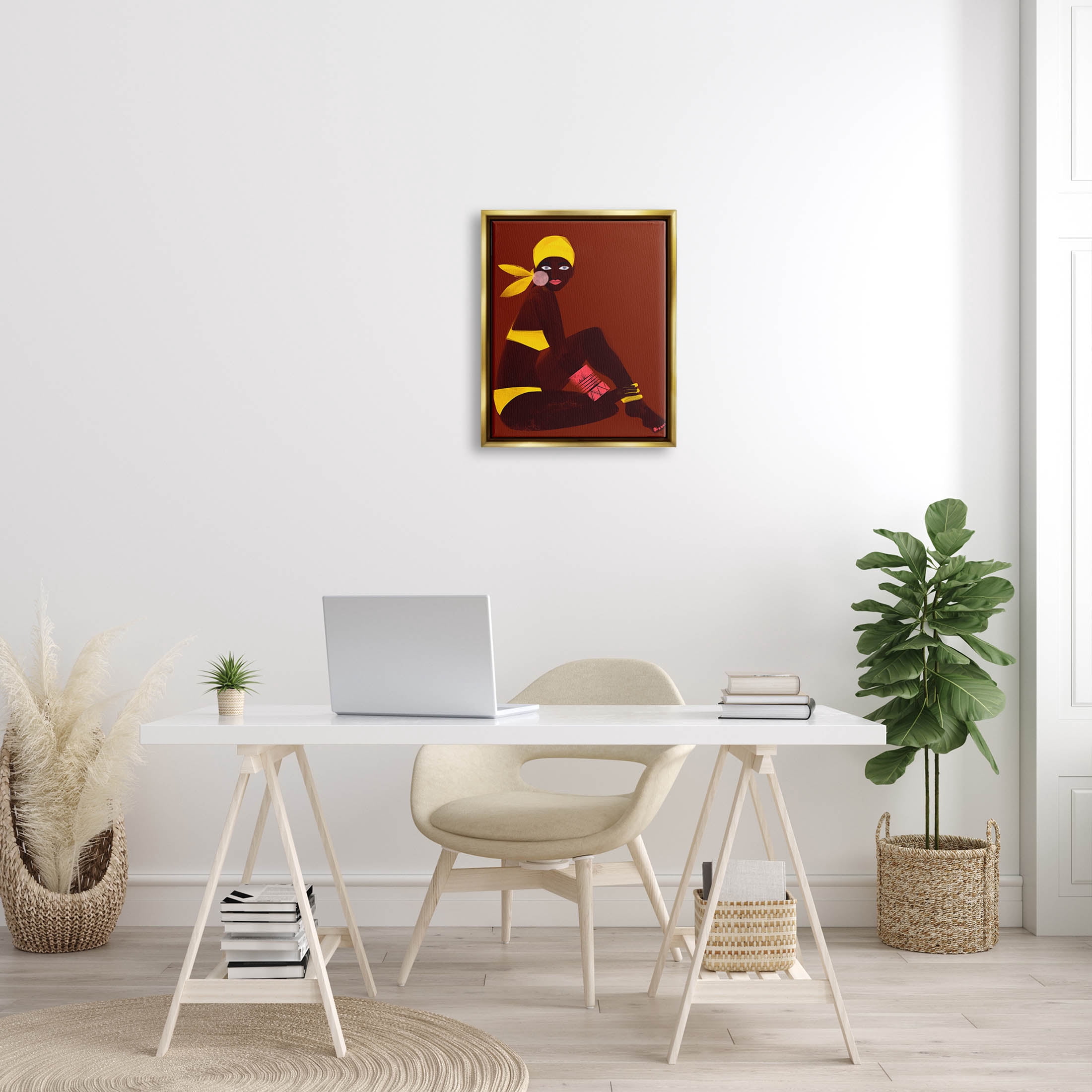 Woman Sitting Yellow Swimsuit Abstract Graphic Art Metallic Gold Framed Art Print Wall Art