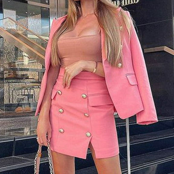 ZAZYULZ Women's Casual Solid Long Sleeve Suits Button Coat High Waist Pocket Short Skirt Two Piece Set(Pink,L)