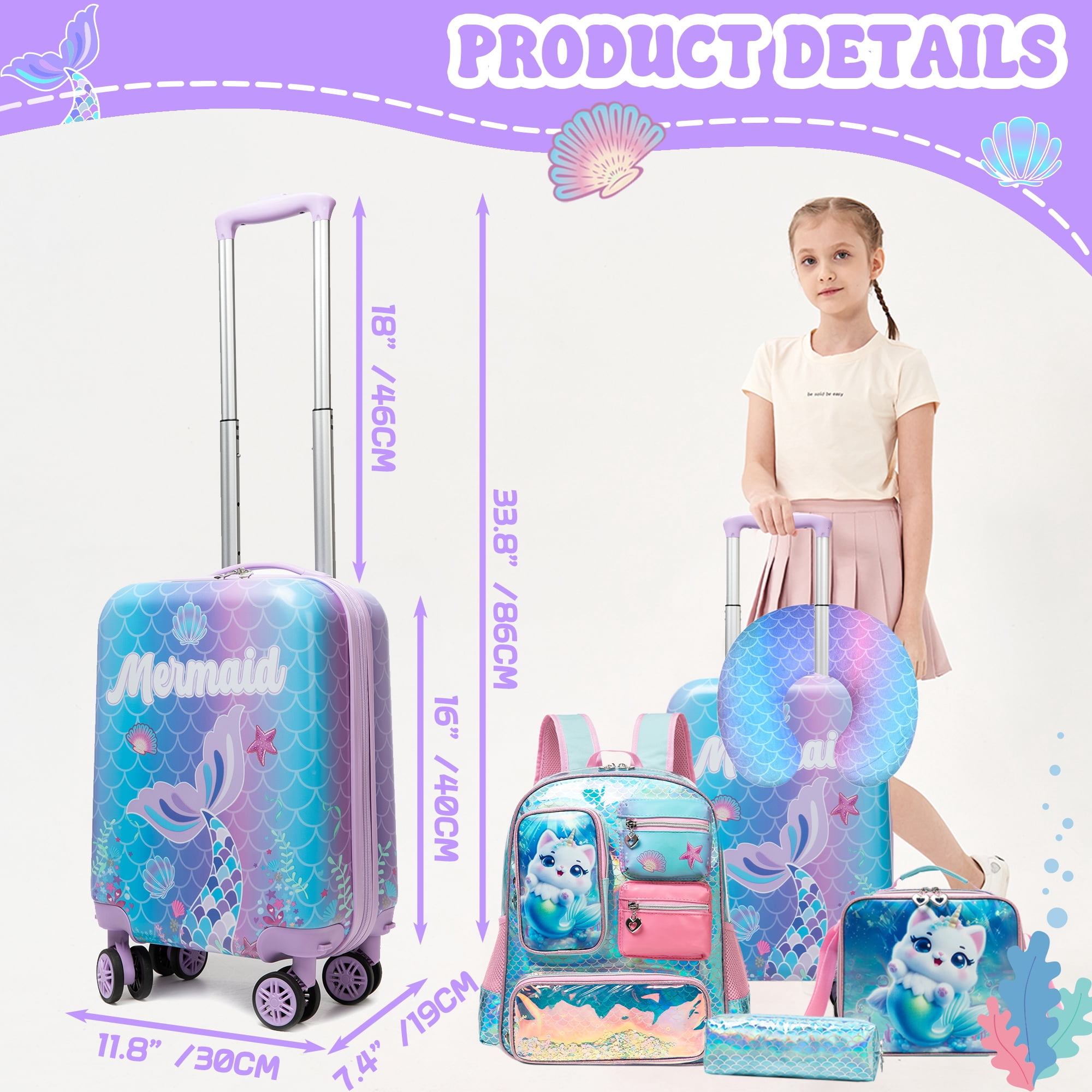 Kids Carry on Luggage Sets for Girls with Travel Pillow Rolling Suitcases with Wheels for Toddlers Travel School Backpack Pencil Bag
