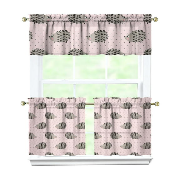 Set of 3 Tier Window Curtains - Adorable Cartoon Hedgehog & Night Sky Artistic Design, Rod Pocket Short Curtains for Kitchen/Bathroom (Includes Valance)
